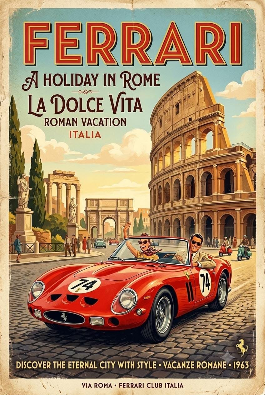 Vintage style Ferrari Rome holiday poster