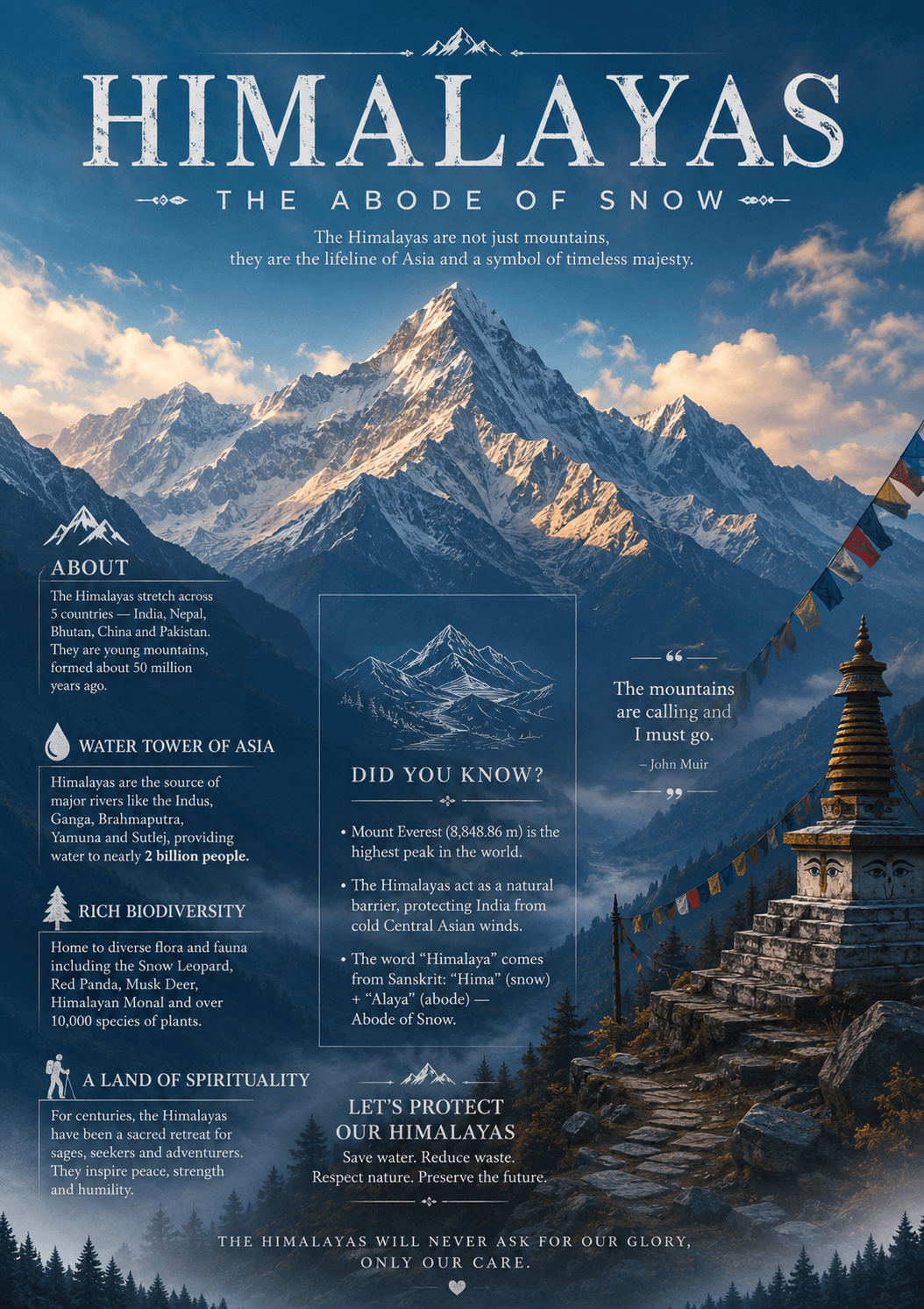 The poster notes Mount Everest as the world's highest peak at 8,848.86 meters.