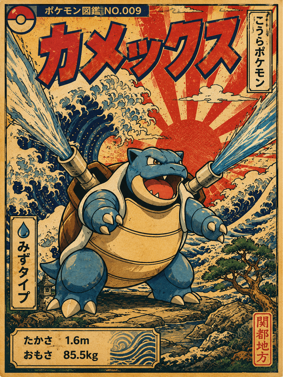 Vintage Blastoise Pokémon Poster | Japanese Ukiyo-e Style Retro Anime Wall A