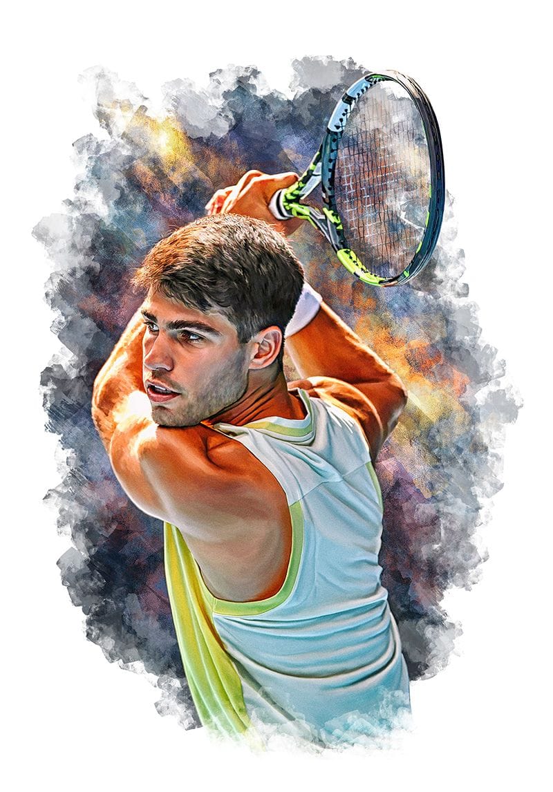 Carlos Alcaraz at Australian Open 2024. Digital artwork by Sam Brannan. Tennis ATP fan art gift.
