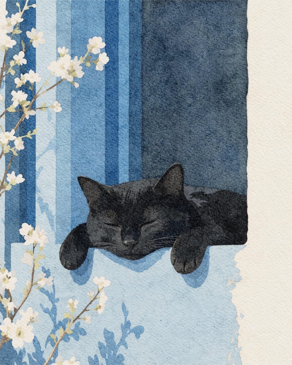 Black Cat Watercolor Print, Sleeping Cat Wall Art, Cozy Window Decor, Cottage Home Printable, Floral Cat Poster, Minimalist Animal Art