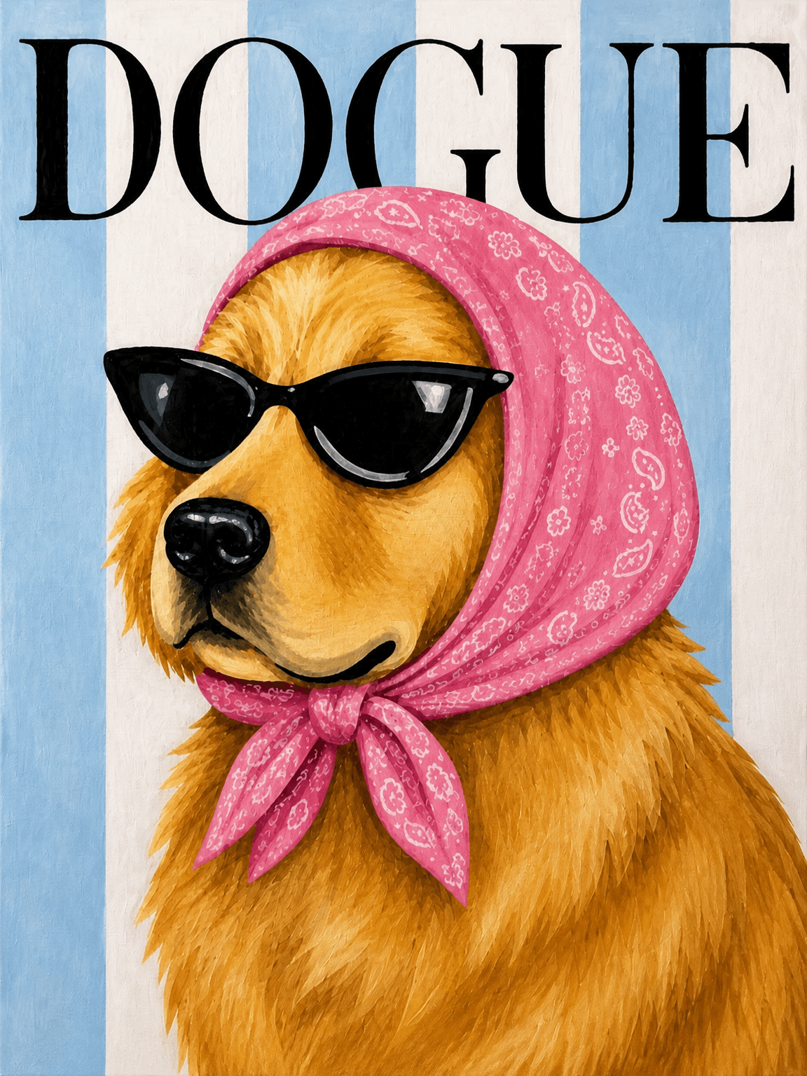 Dogue Fashion Golden Retriever Wall Art Print - A0 84x119 cm / Dark Wood Framed