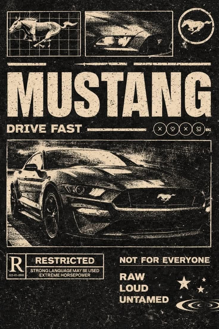 Ford Mustang Poster Print, American Muscle Car Wall Art, Retro Automotive Decor, Black Vintage Car Print, Garage Wall Sign, Car Guy Gift