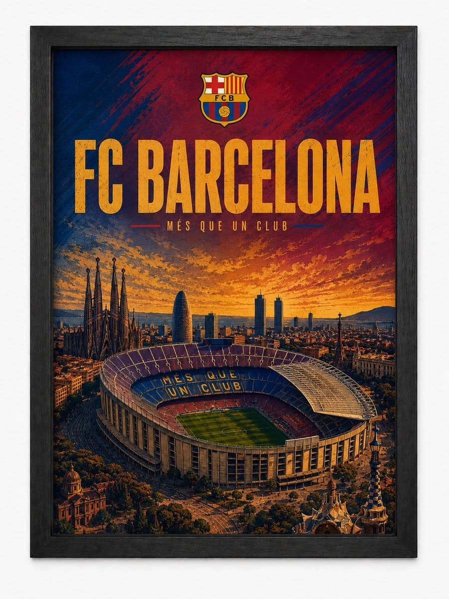 FC Barcelona Poster | Camp Nou Vintage Art Print | Retro Voetbal Poster | Inclusief Zwarte A4 Lijst