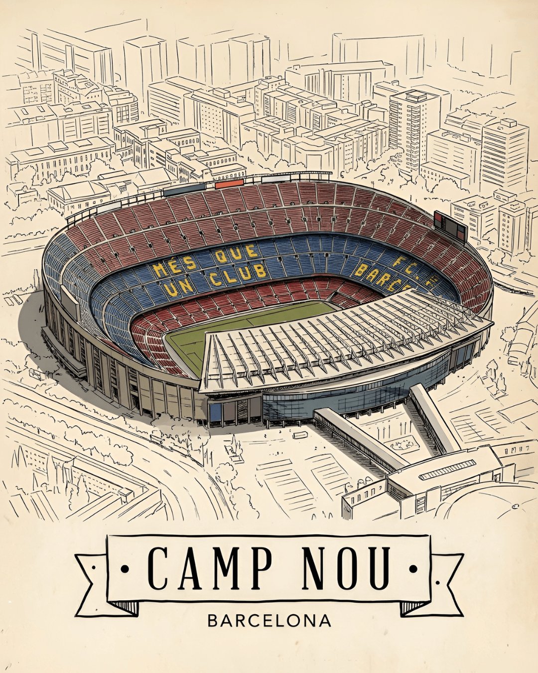 Camp Nou Barcelona – Illustrated Stadium Art of FC Barcelona’s Iconic Home