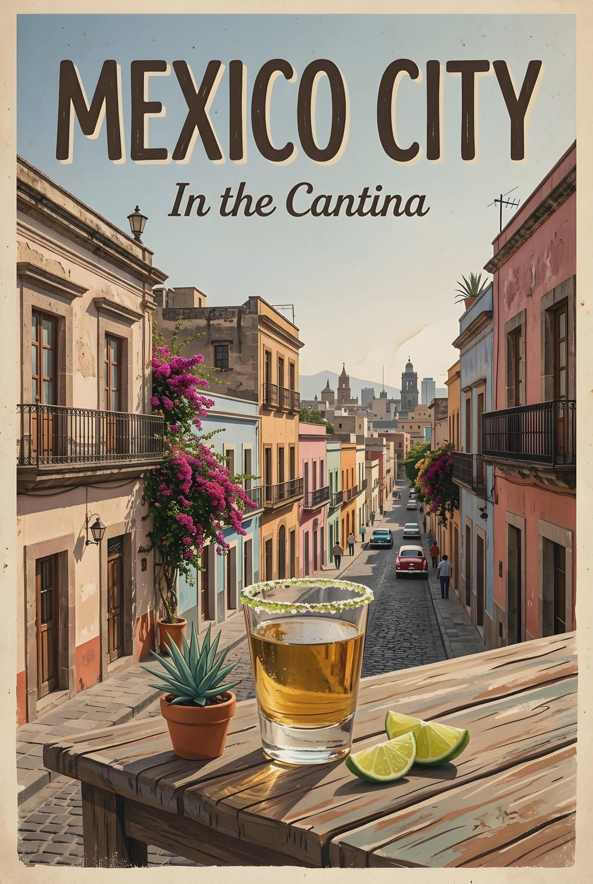Mexico City Mezcal Print - Vintage Mexico Travel Poster - Mexican Wall Art - Mezcal Cocktail Decor - Cantina Bar Art - Digital Download