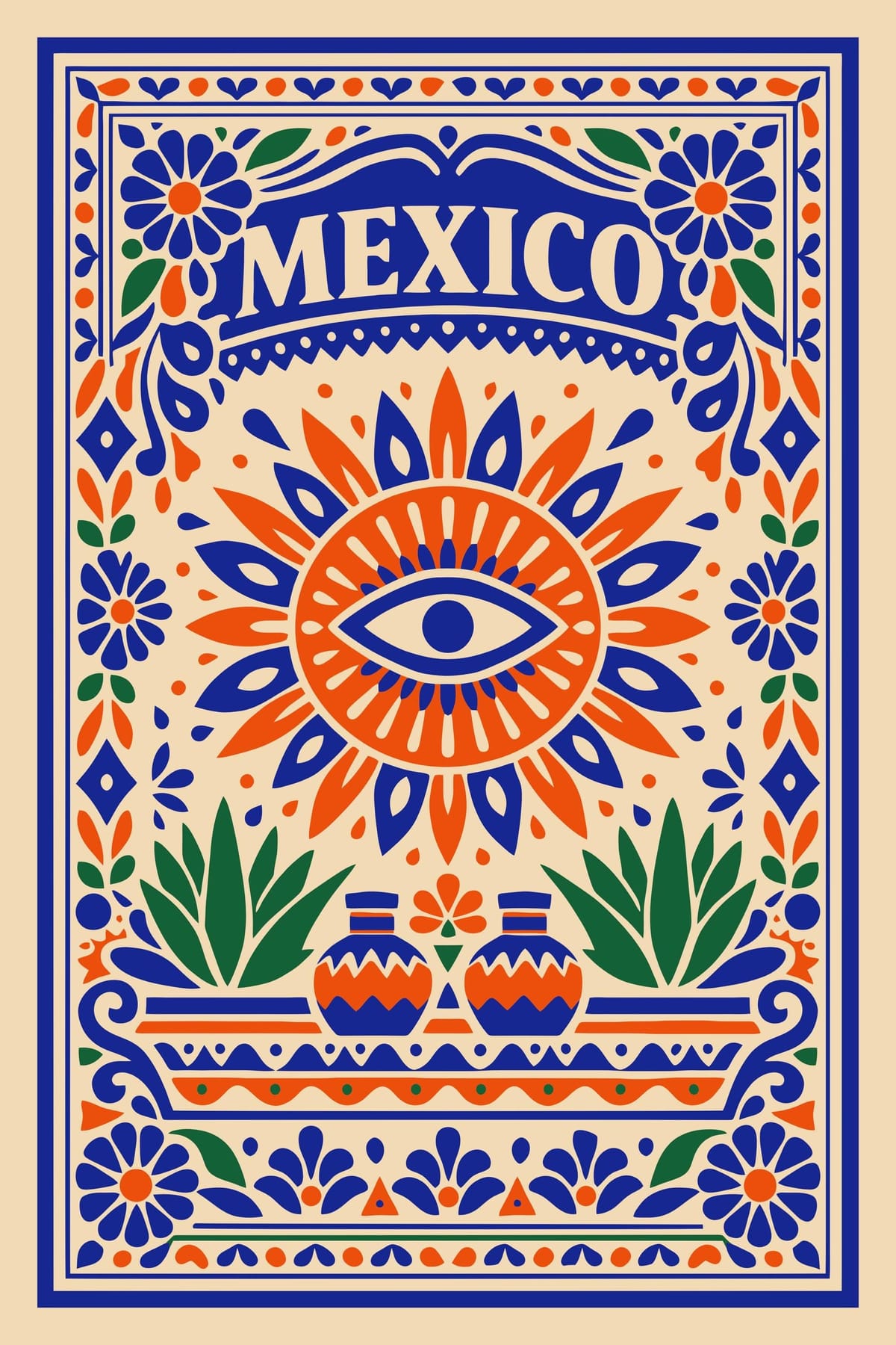 Mexico Folk Art Poster, Colorful Sun Eye Illustration Wall Art - Etsy